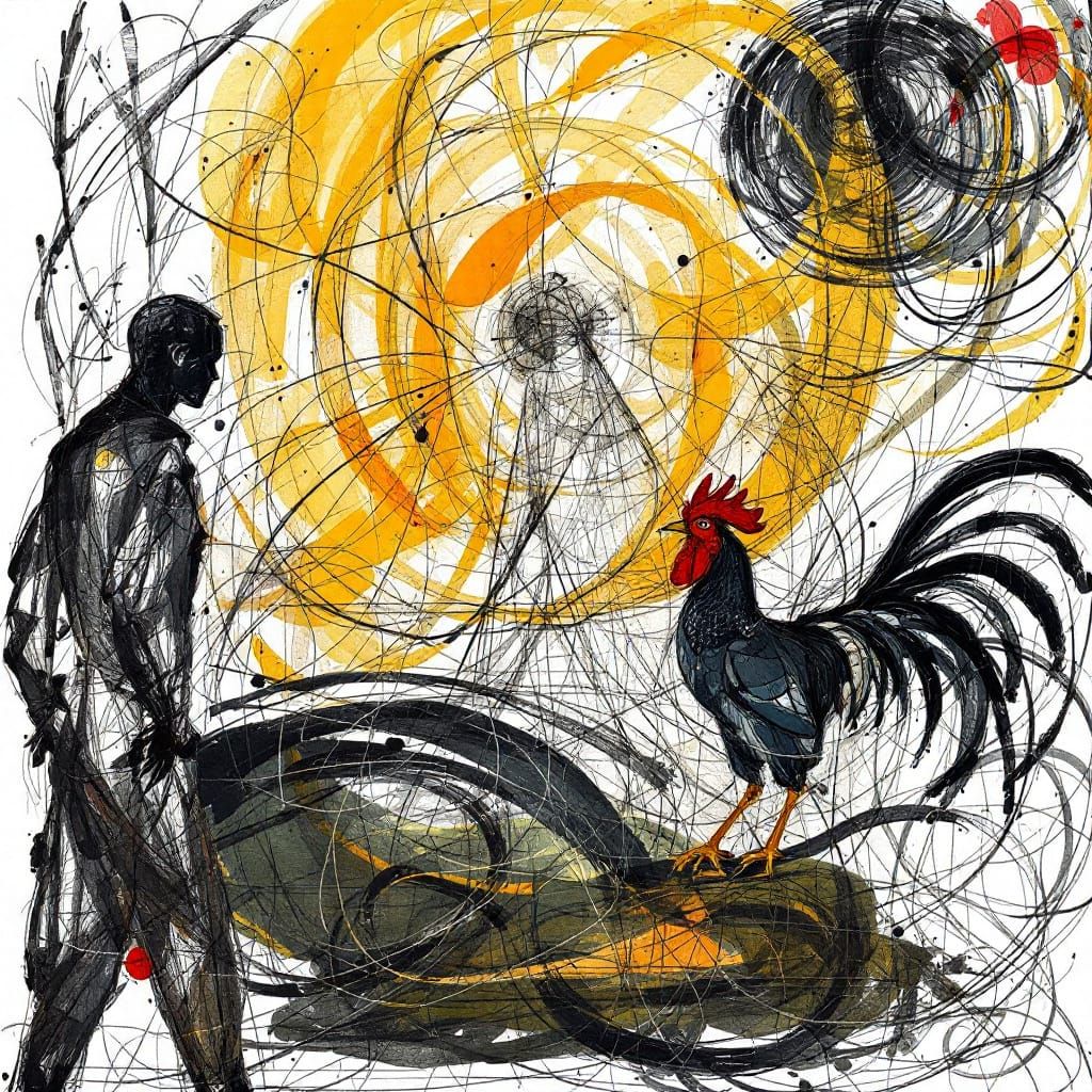 Abstract scribbled ink and watercolor art of a silhouetted man facing a rooster under a swirling golden sun
