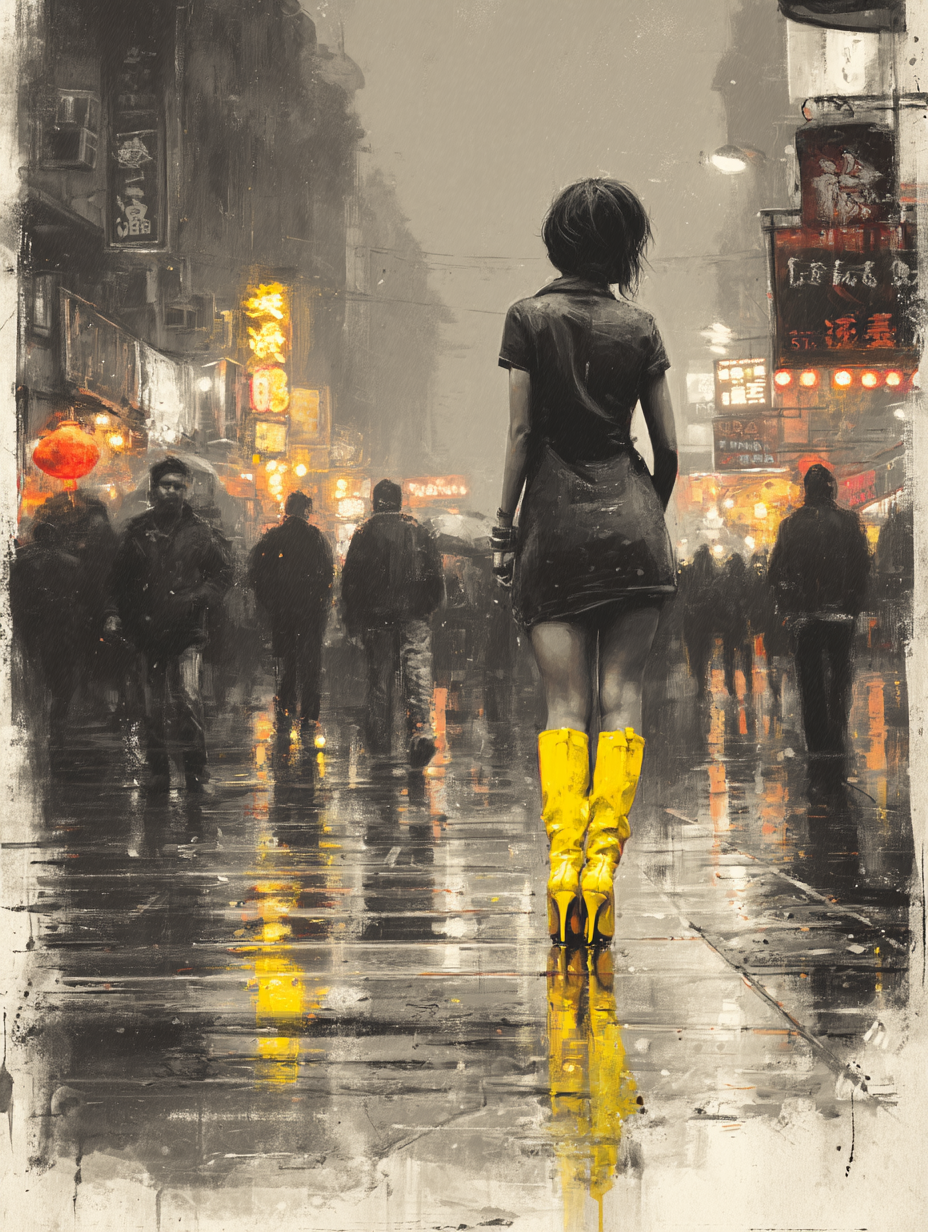 Back view of a woman in bright yellow heeled boots standing on a rainy neon-lit city street, scene otherwise monochrome.