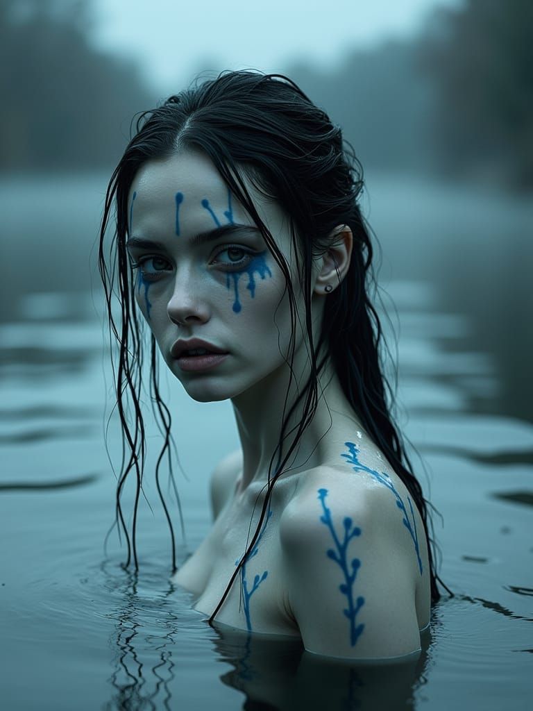 Woman with blue decorative paint and wet dark hair stands partially submerged in a misty forest lake.