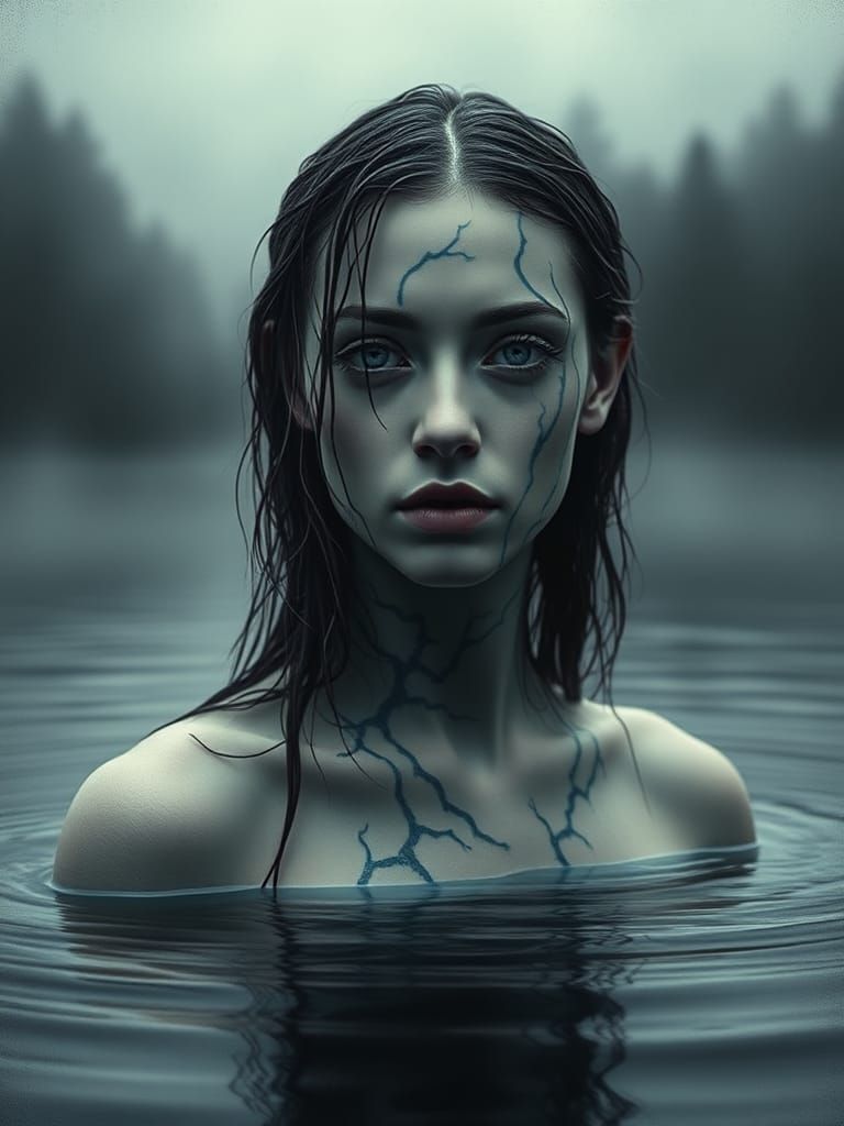 [Haunting pale supernatural woman with blue crack markings partially submerged in foggy forest lake, wet dark hair, intens...