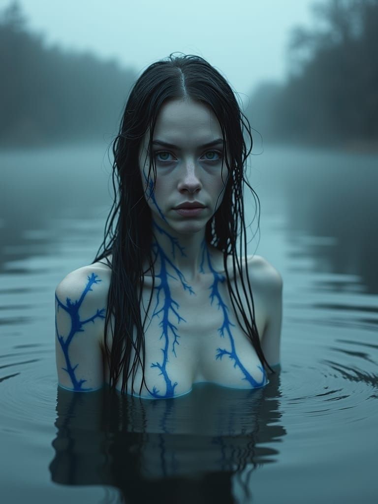 Pale woman with blue branch vein markings stands chest-deep in misty forest lake, wet dark hair, intense direct gaze.