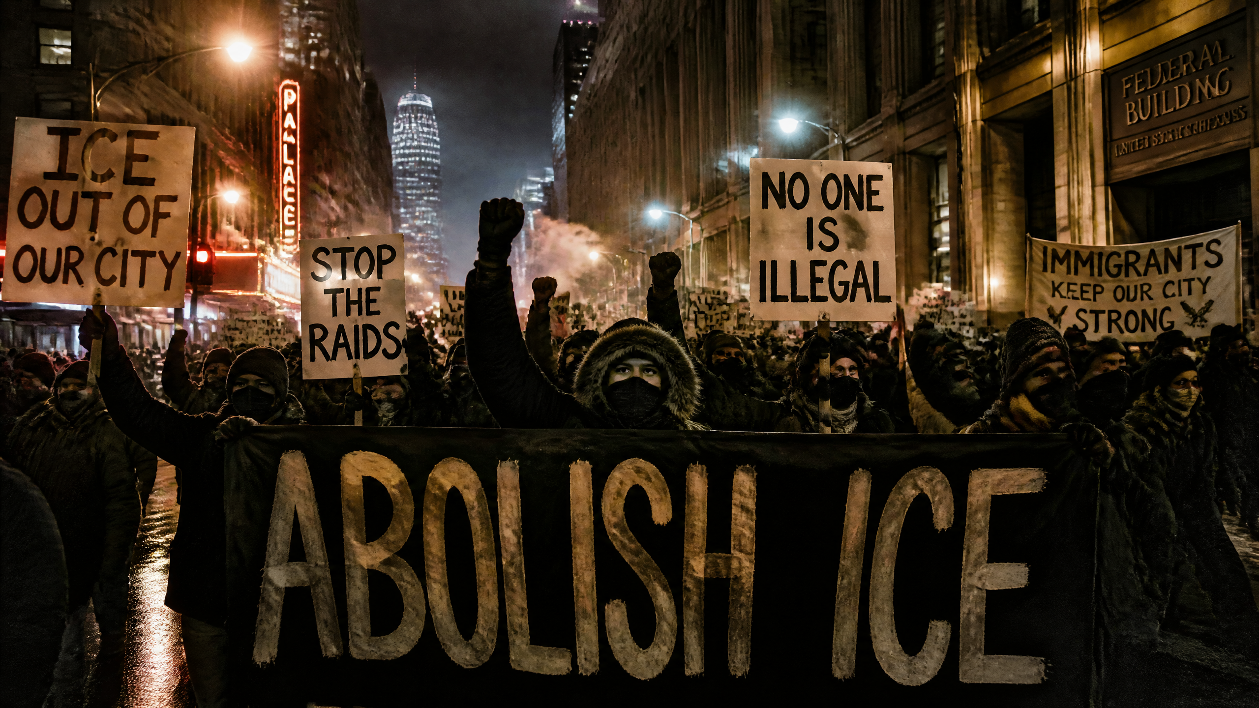 Night protest crowd holding large Abolish ICE signs marching on a lit downtown city street outside a federal building.