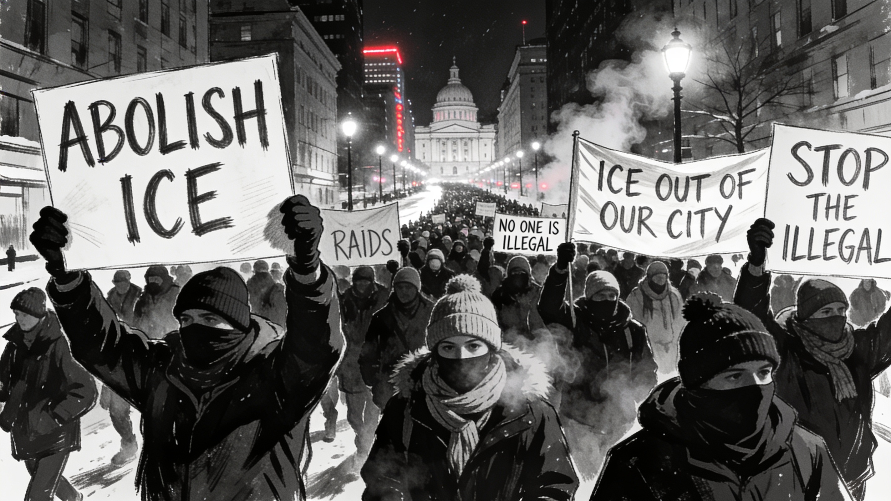 Black and white illustration of winter night protest, crowd holding Abolish ICE signs marching down snowy city street towa...