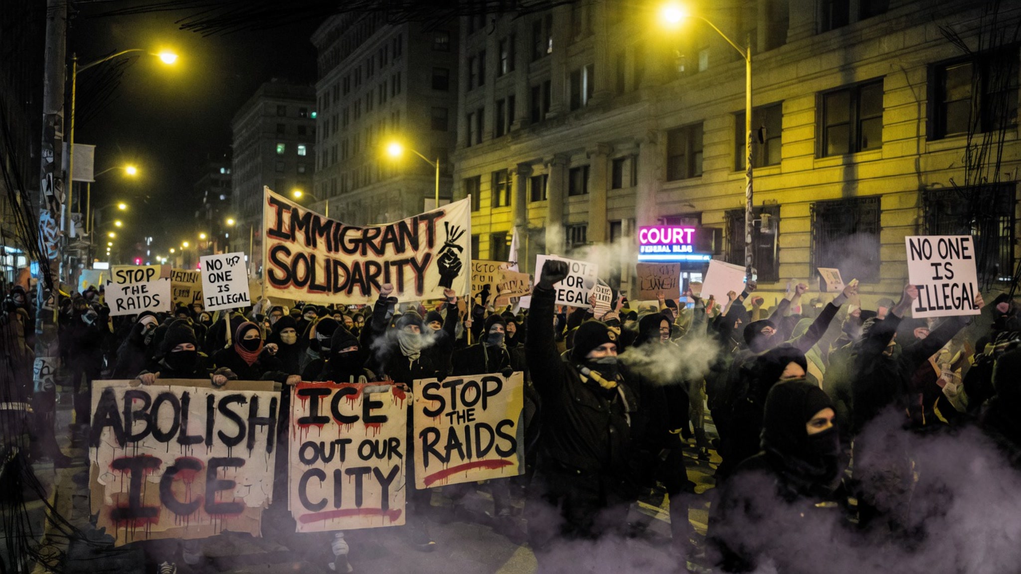 Nighttime downtown immigrant rights protest, demonstrators hold anti-ICE, pro-immigration solidarity signs under glowing s...