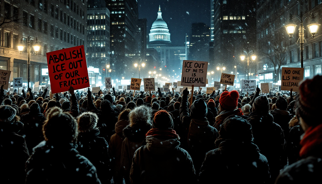 Large crowd of winter protestors hold hand-painted signs on a snowy night city street facing the illuminated US Capitol dome