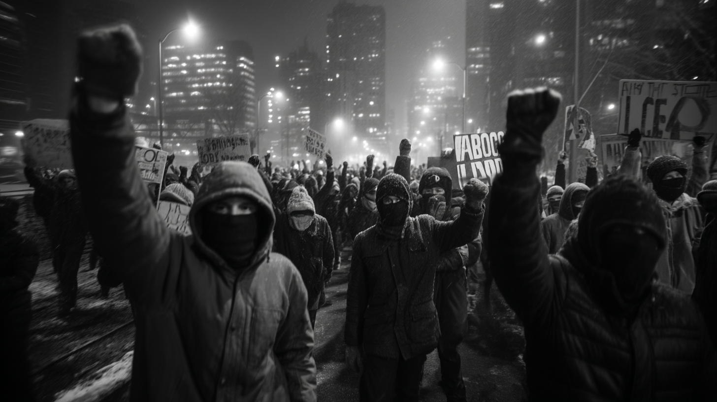Black and white shot of masked protestors marching on a snowy night city street, raising clenched fists and holding demons...