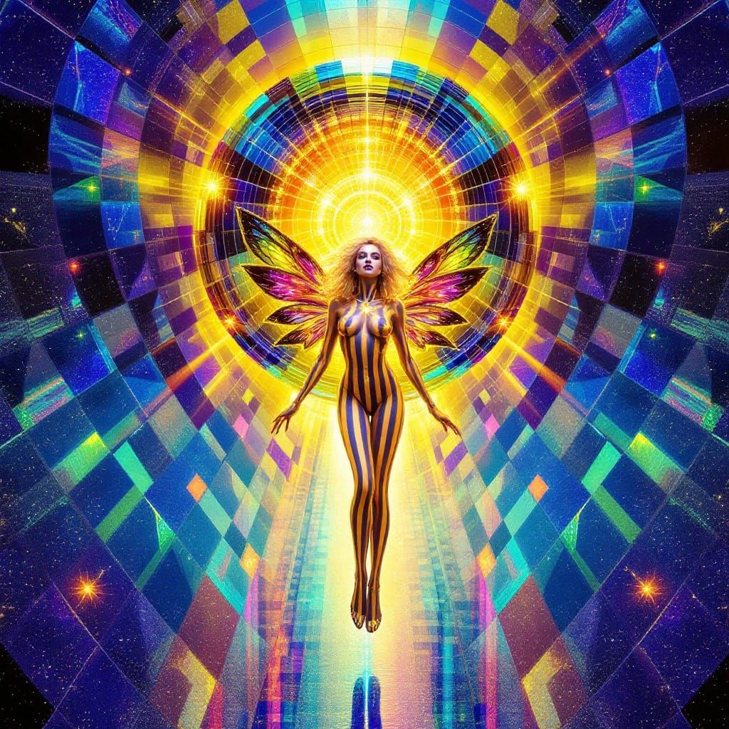 Iridescent winged celestial fairy floats serenely before a glowing kaleidoscopic cosmic portal in starry space