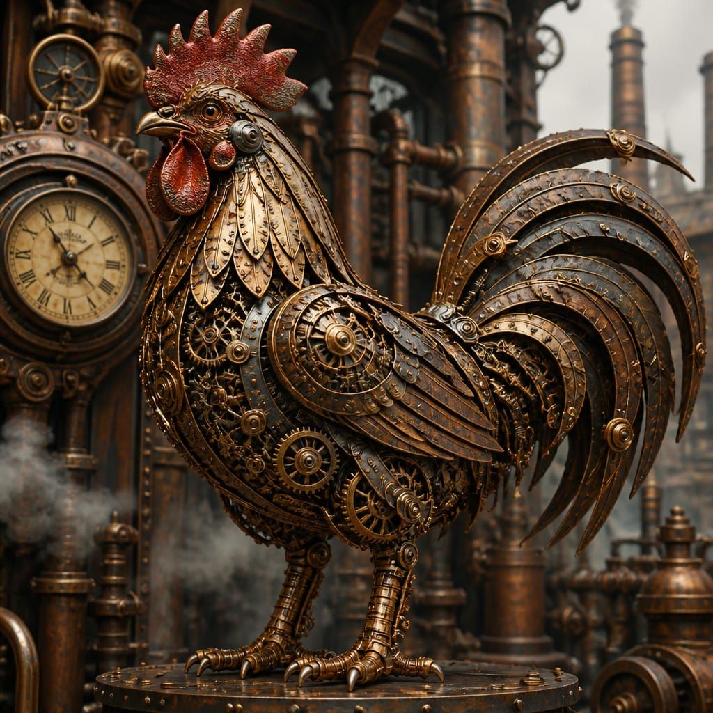 [Intricate steampunk mechanical rooster sculpture made of brass gears, riveted metal, and textured red comb, set in an ind...