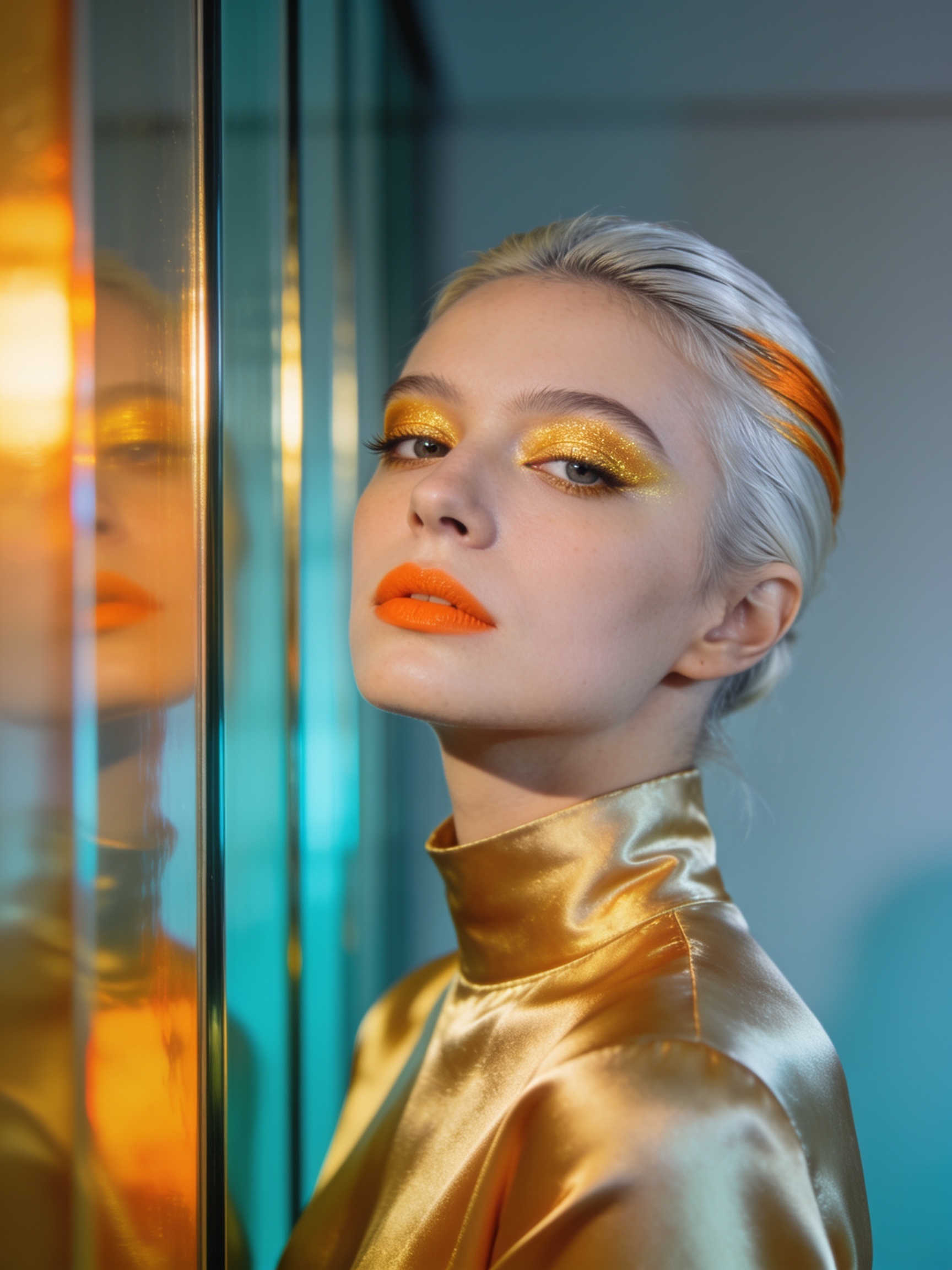 High fashion portrait of platinum blonde model with gold eyeshadow, orange lipstick, and glossy gold satin top beside refl...