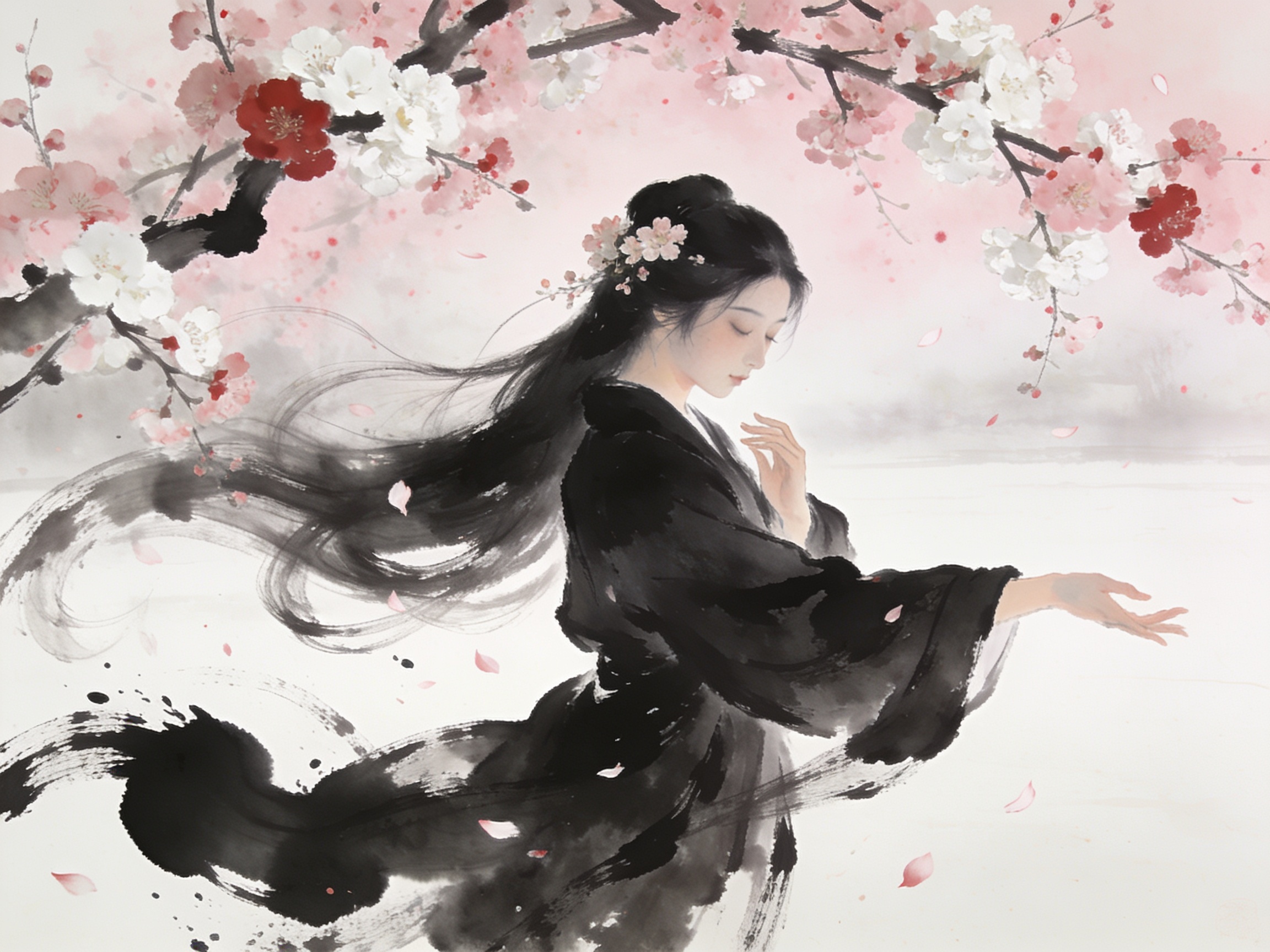 Traditional ink wash art of graceful Hanfu woman beneath blooming plum branches with drifting falling flower petals