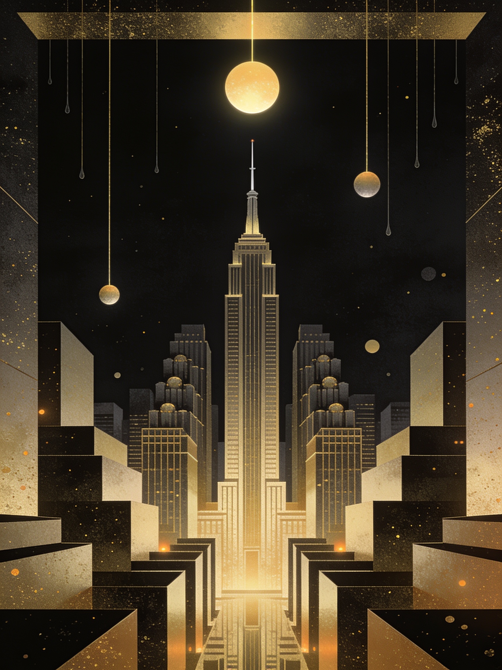 Symmetrical Art Deco illustration of the Empire State Building, glowing gold, against a starry night sky with hanging cele...