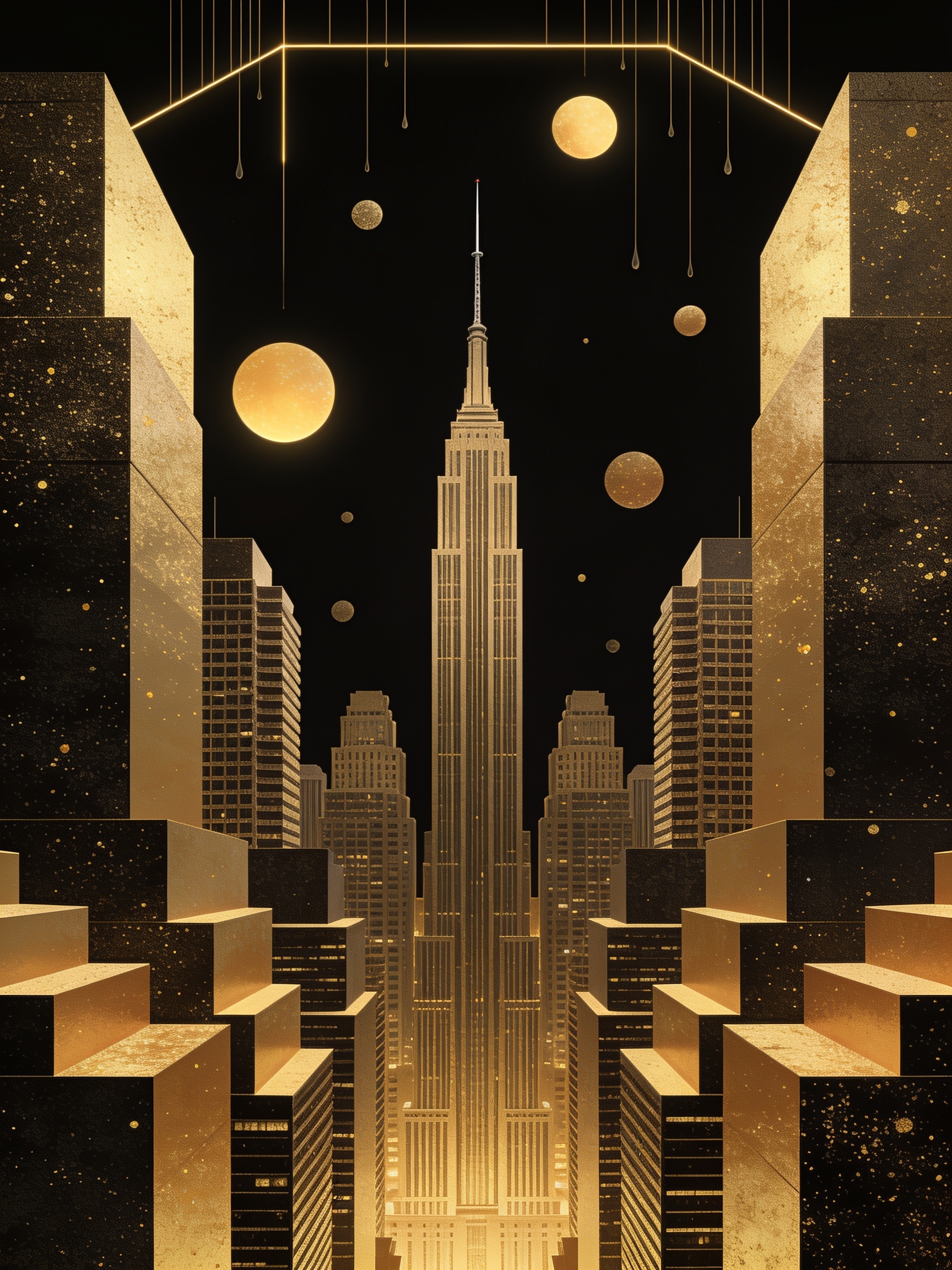 [Stylized art deco New York cityscape rendered in gold and black, centered on the Empire State Building beneath glowing go...