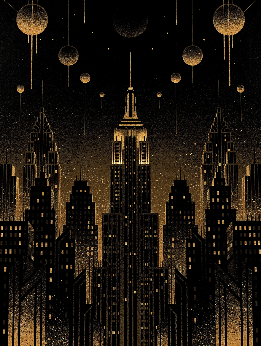 [Art Deco New York skyline illustration in black and gold, with glowing skyscrapers and floating celestial orbs above a st...