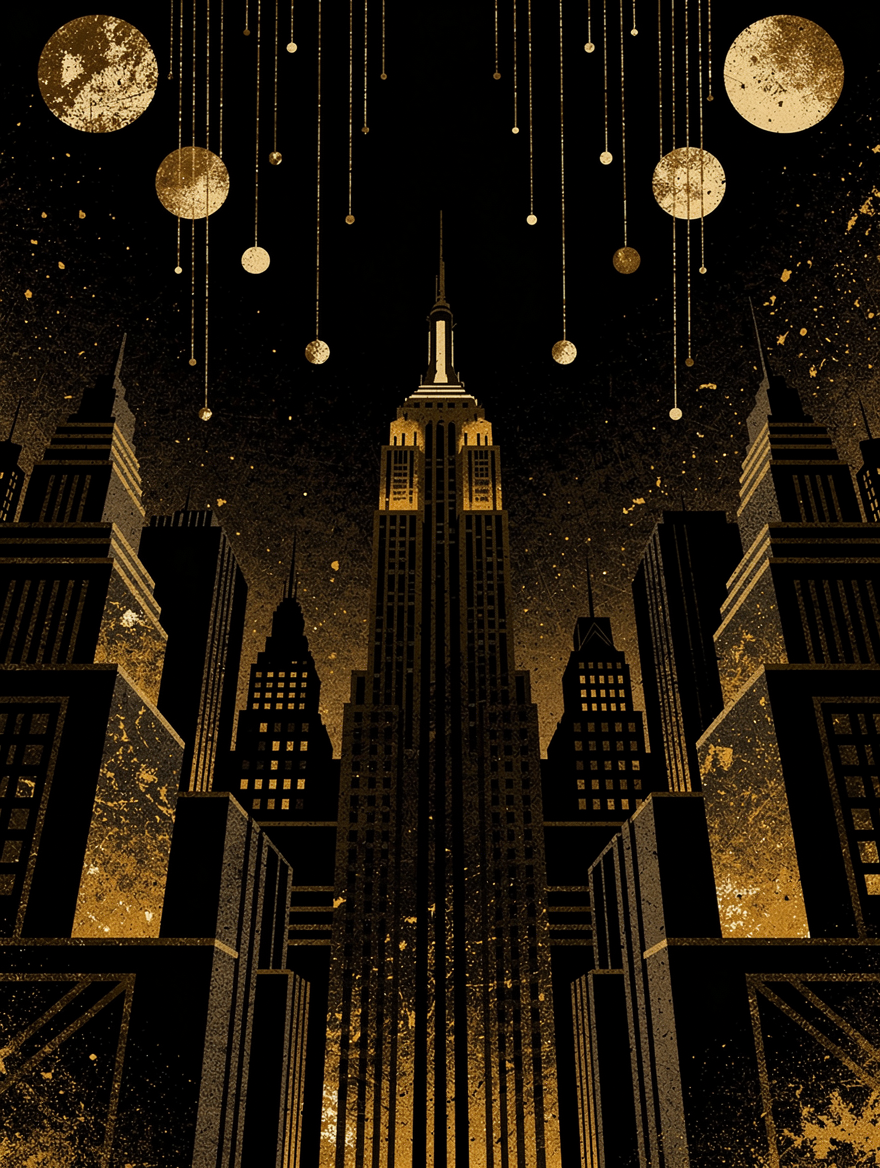 [Art deco New York cityscape illustration, black and gold palette, with hanging celestial orbs above towering vintage skys...