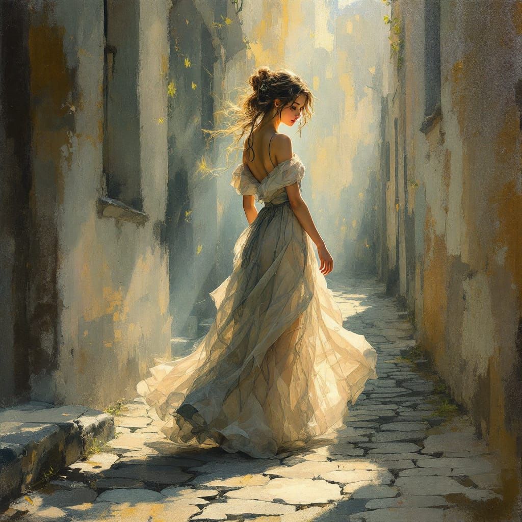 Impressionist painting of a young woman in a flowing tulle gown glancing back from a sunlit cobblestone old town alley.