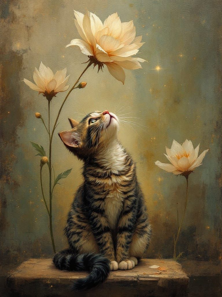 Tabby kitten sits on a wooden ledge, gazing up at tall pale cream flowers in a warm vintage painterly style