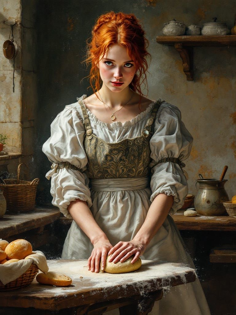 [Young red-haired woman in historical dress kneads bread dough on a floured table in a rustic cottage kitchen, painterly f...