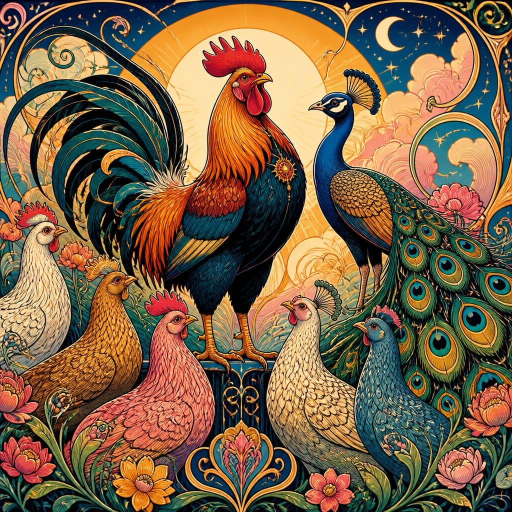 Ornate Art Nouveau illustration of a regal rooster, peacock, and colorful poultry flock against a celestial starry sky