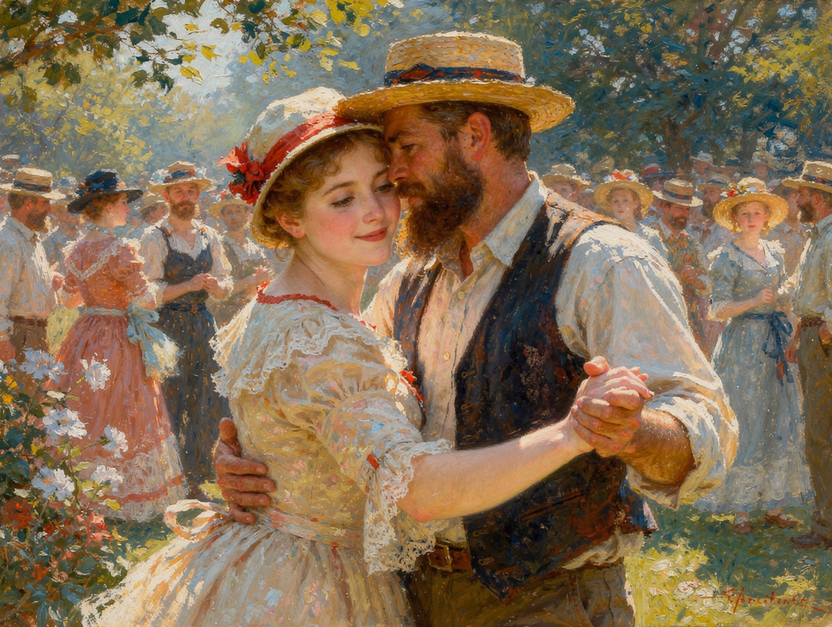 Impressionist oil painting of a couple dancing closely at a sunlit 19th century outdoor village summer festival