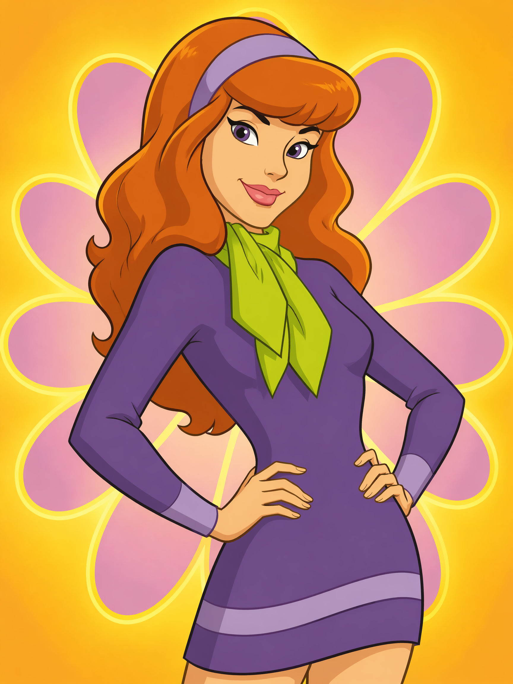 [Cartoon illustration of Daphne Blake from Scooby-Doo posing confidently with hands on hips against a retro floral backgro...