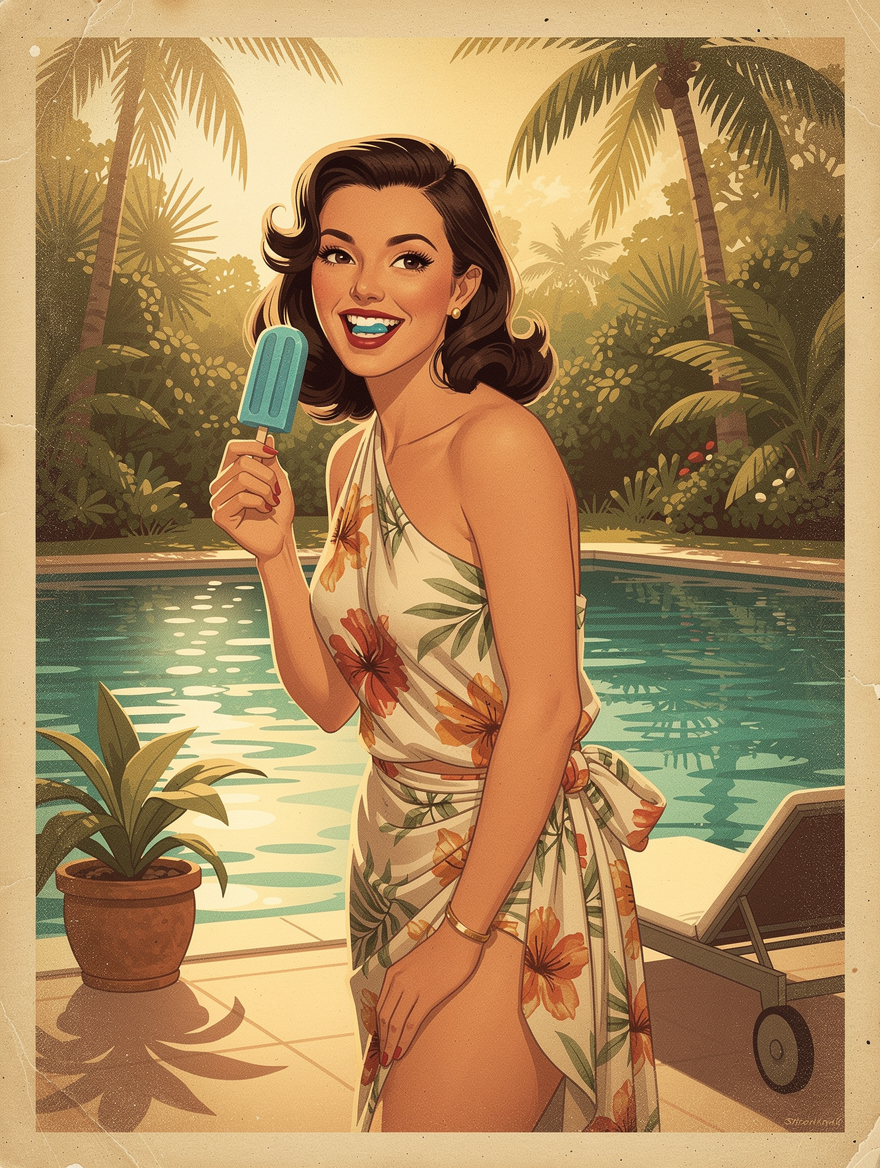 Smiling vintage pinup woman holds a blue popsicle, standing beside a tropical swimming pool at golden hour.