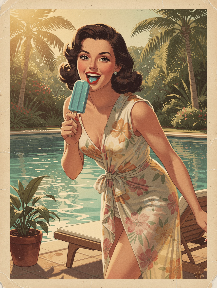 Retro 1950s pinup woman eating a blue popsicle beside a sunny tropical backyard swimming pool