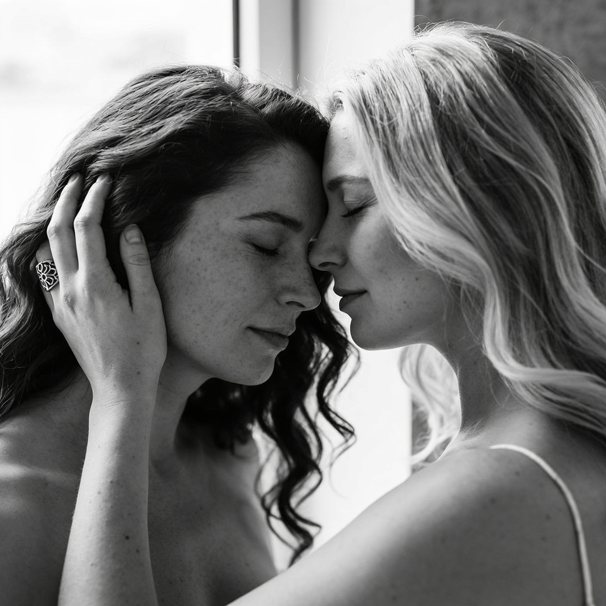 Black and white intimate portrait of two women pressing foreheads together in tender, quiet affection