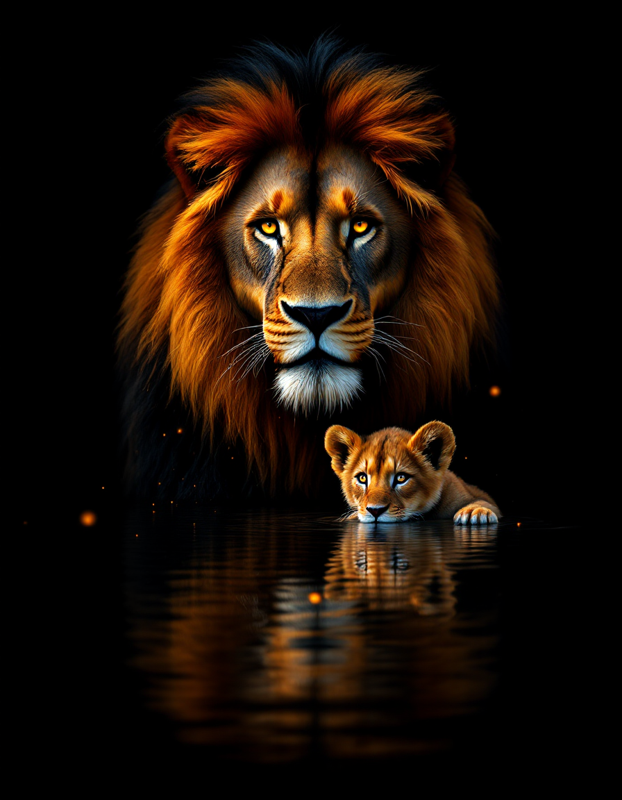 [Majestic male lion and young lion cub gaze forward, their reflections visible in still dark water against a black backgro...