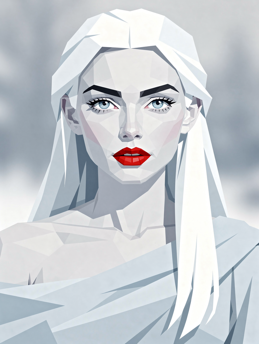 Low poly geometric portrait of an ice queen with pale skin, long white hair, bright blue eyes, and bold red lips.