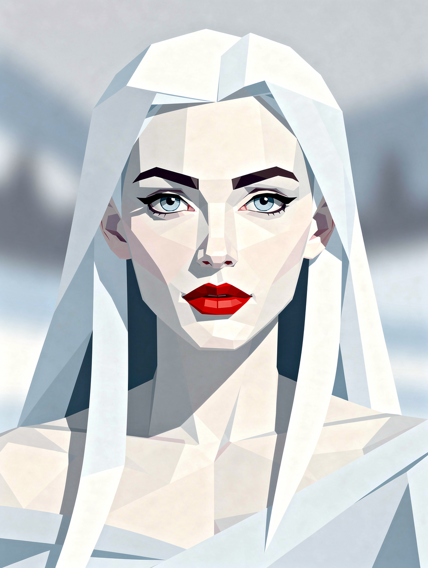 Low poly geometric portrait of a regal pale woman with long white hair, bright blue eyes, and bold red lipstick
