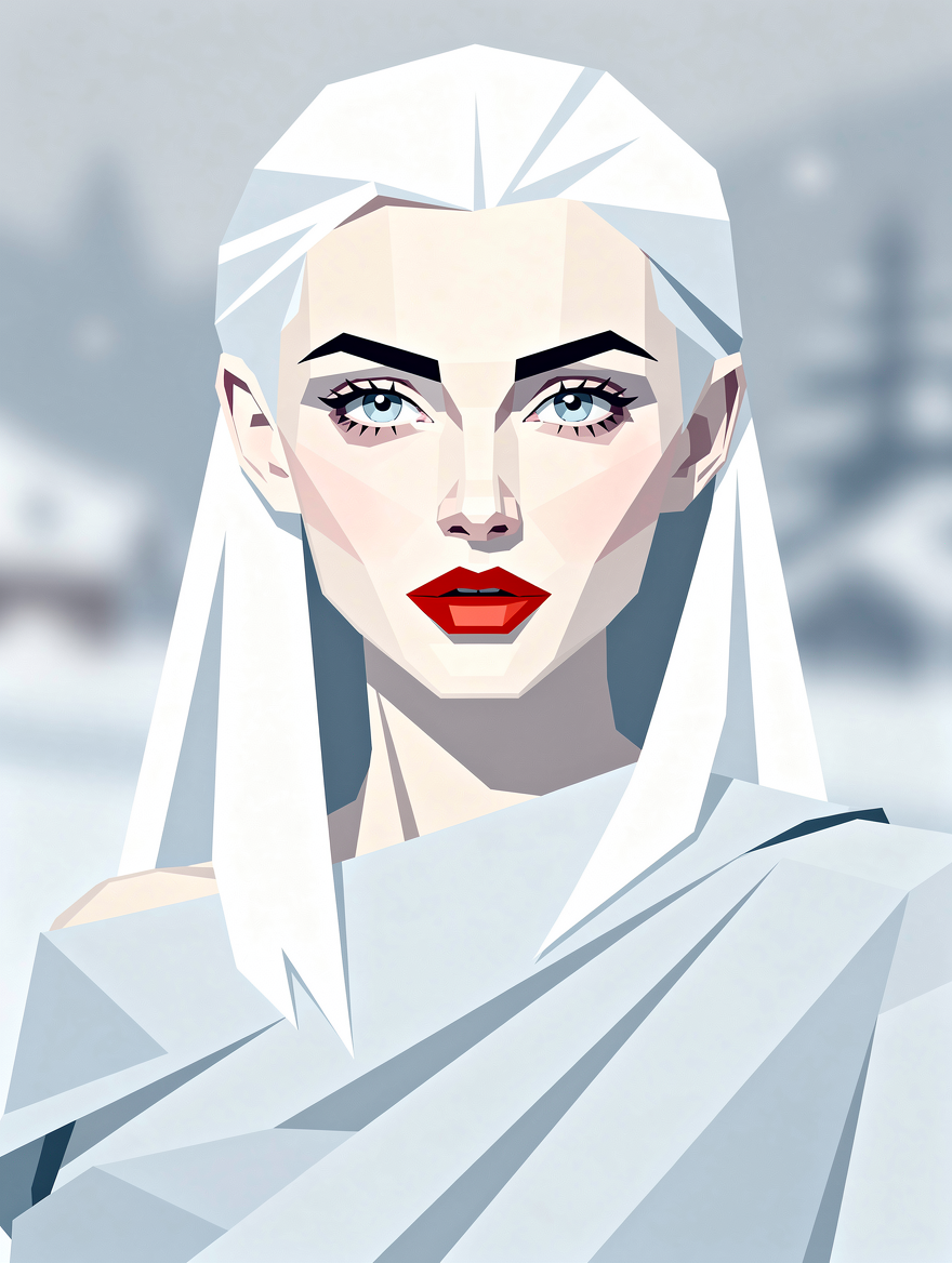 [Geometric low-poly portrait of a regal ice queen with white hair, bright blue eyes, bold red lips against a blurred snowy...