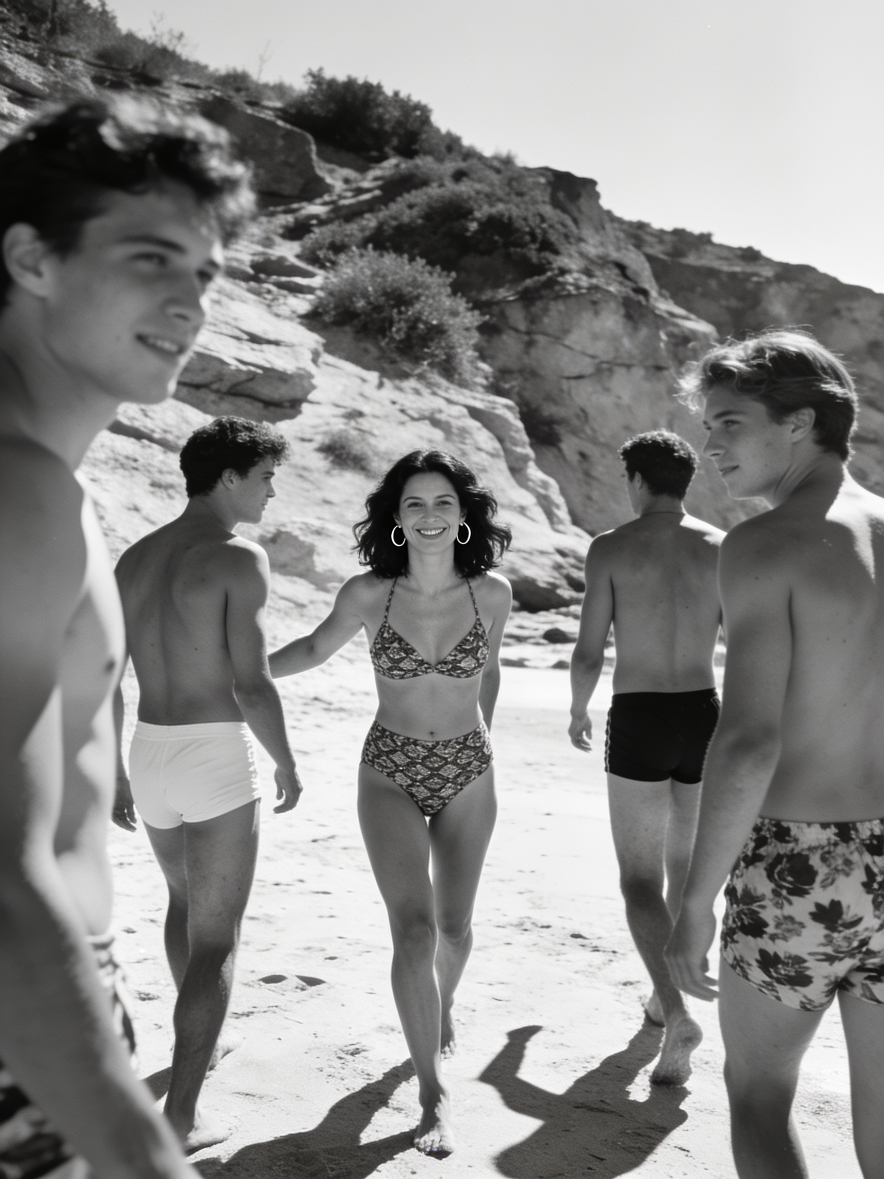 Black and white vintage photo, smiling woman in a patterned bikini walks toward the camera with a group of friends on a ro...