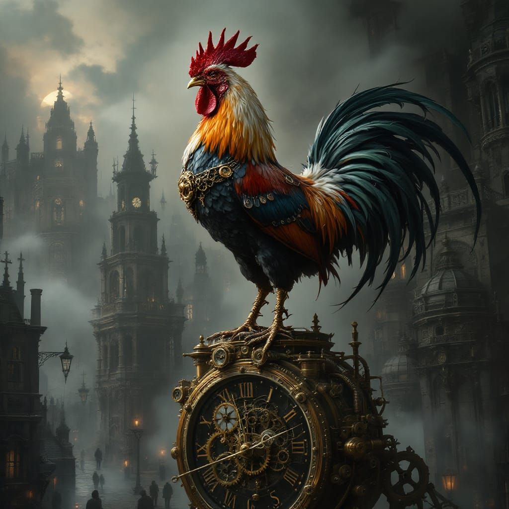 Steampunk rooster perched on an ornate brass clock overlooking a foggy gothic Victorian city at twilight