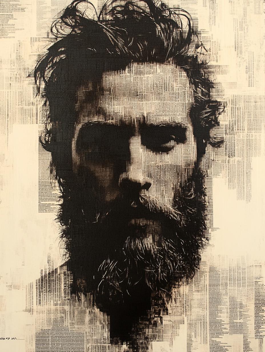 Textured monochrome portrait of a bearded man with messy curly hair, set against a layered printed text collage background.