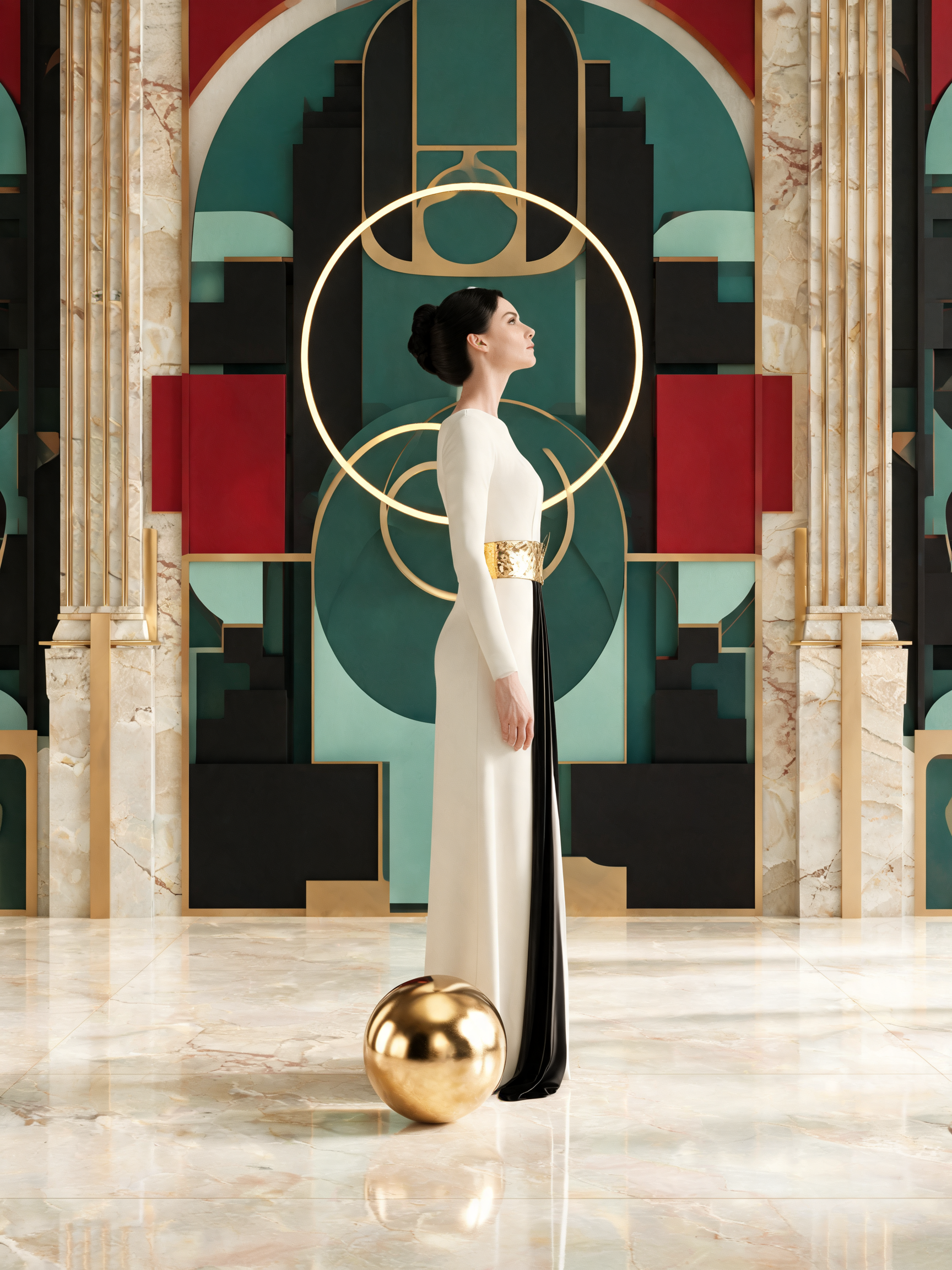 Side profile of an elegant woman in a formal gown, framed by glowing gold hoops in a lavish art deco marble interior.