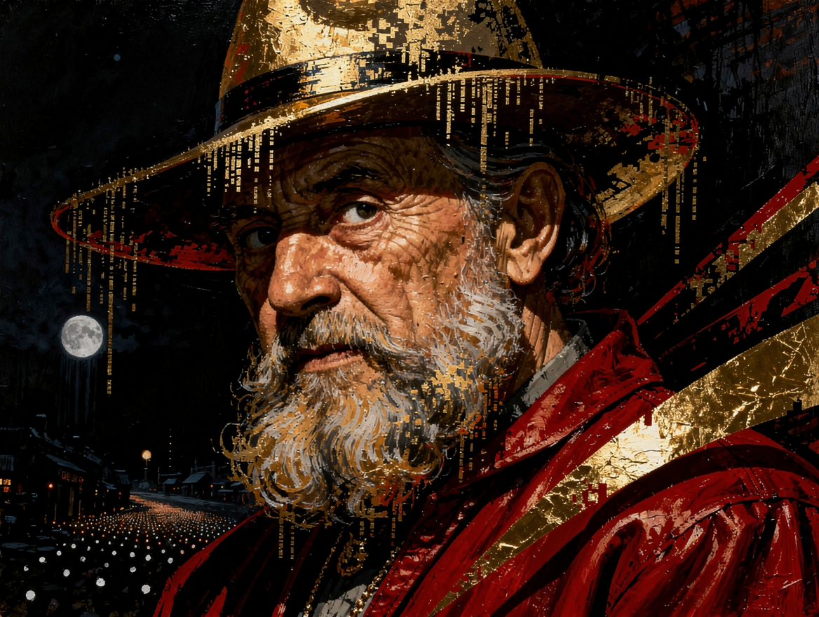 Close-up painterly portrait of a gray-bearded older man in a gilded wide hat, with glitch gold drips over a moonlit night ...