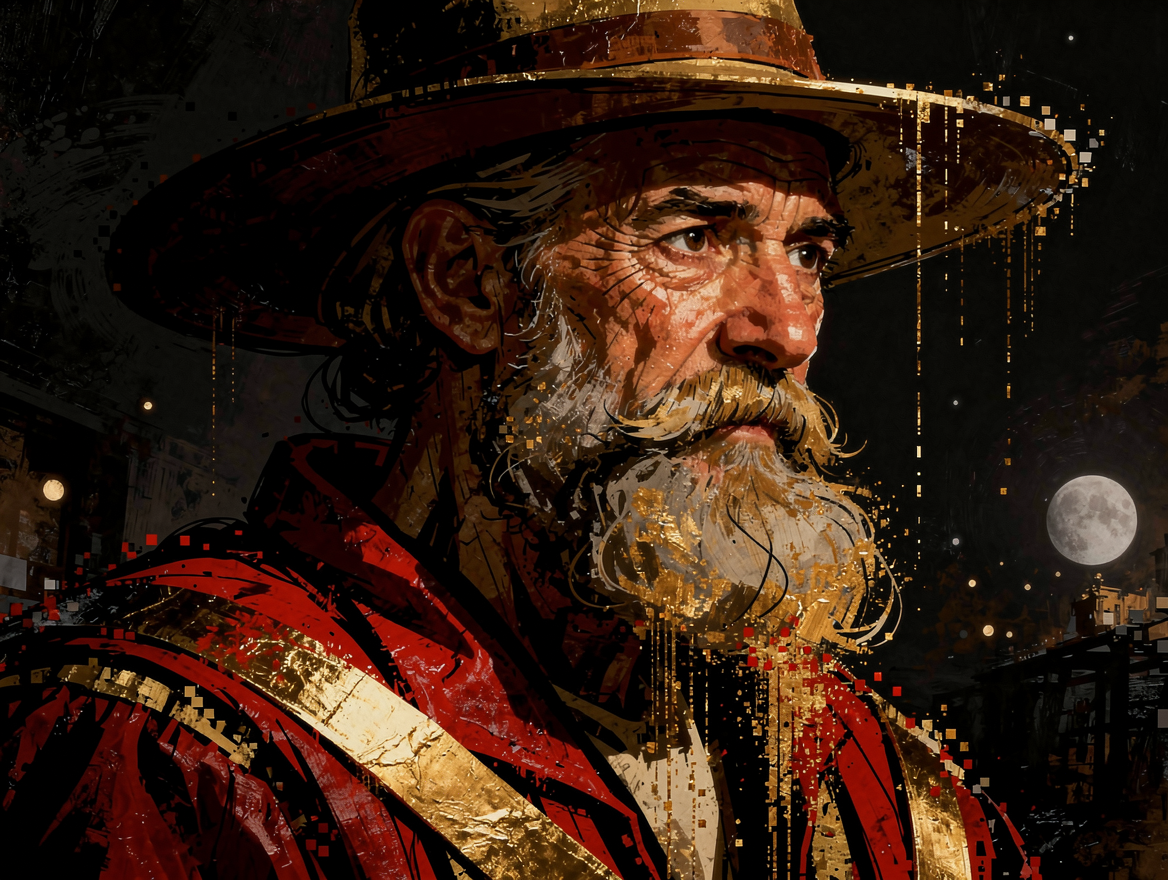 [Stylized painterly portrait of a weathered bearded older cowboy, with golden glitch effects against a moonlit dark night ...