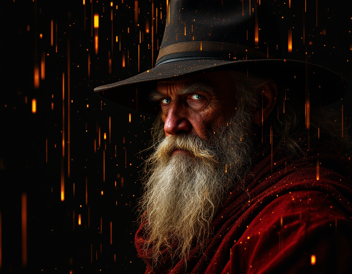 [Close-up portrait of stern elderly bearded wizard in a wide brimmed hat, with falling glowing orange embers on a dark bac...