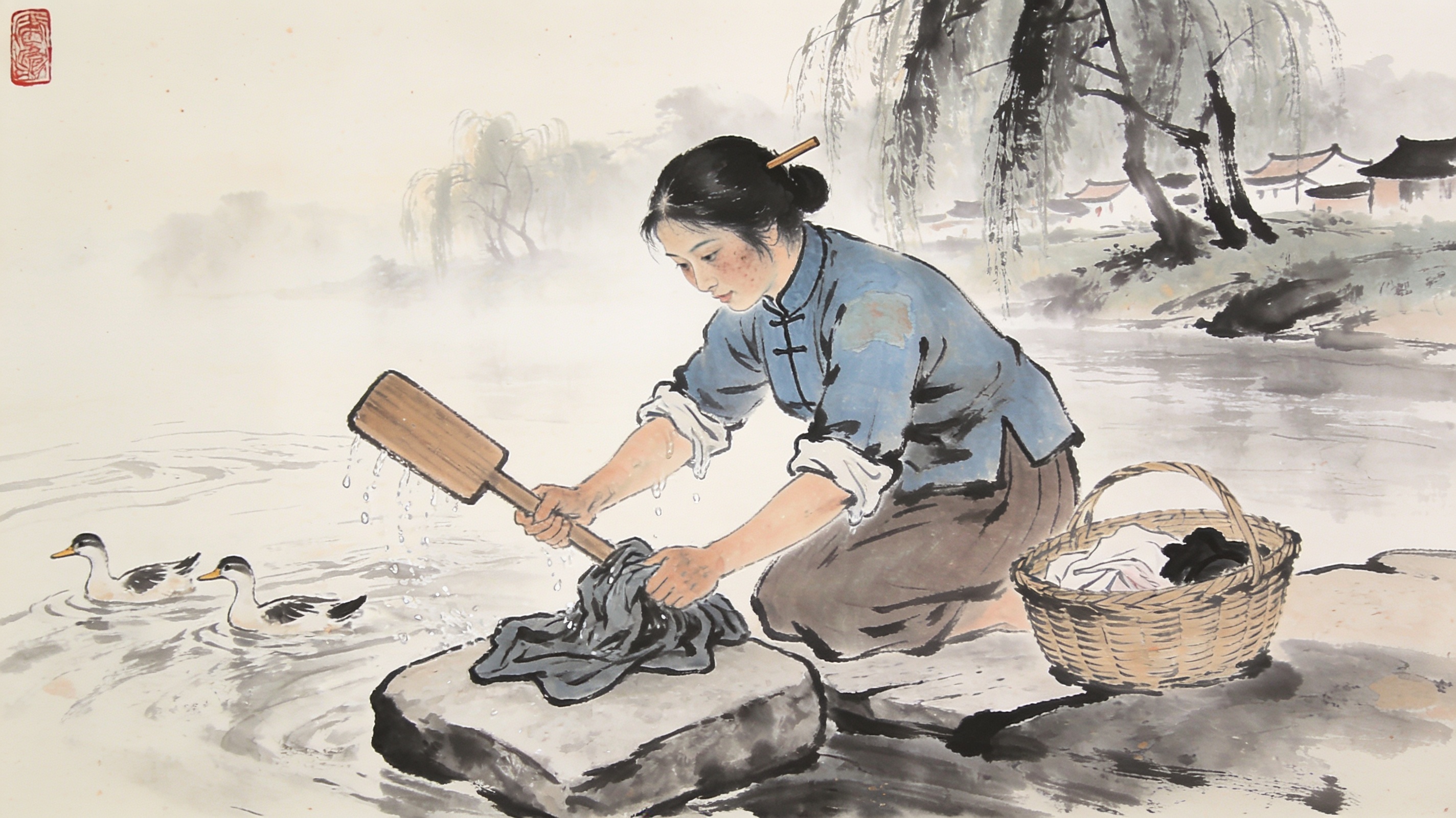[Traditional Chinese ink painting of a woman beating laundry on riverside stones, with swimming ducks and misty willow sce...