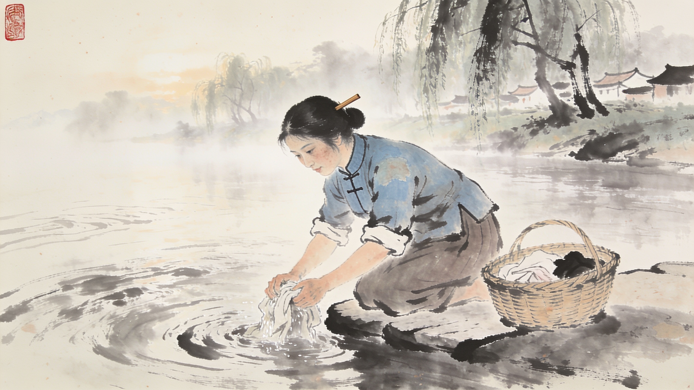 Traditional Chinese ink wash painting of a woman washing laundry on a misty rural riverbank.