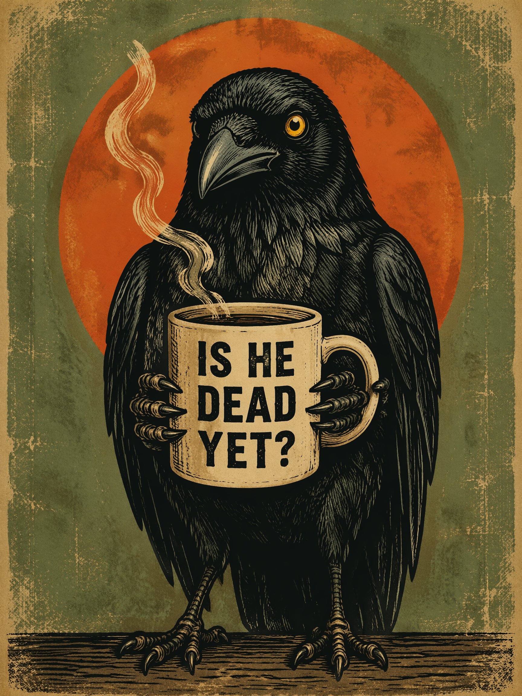 Retro illustration of a stern black crow holding a steaming coffee mug printed with the text "IS HE DEAD YET?"