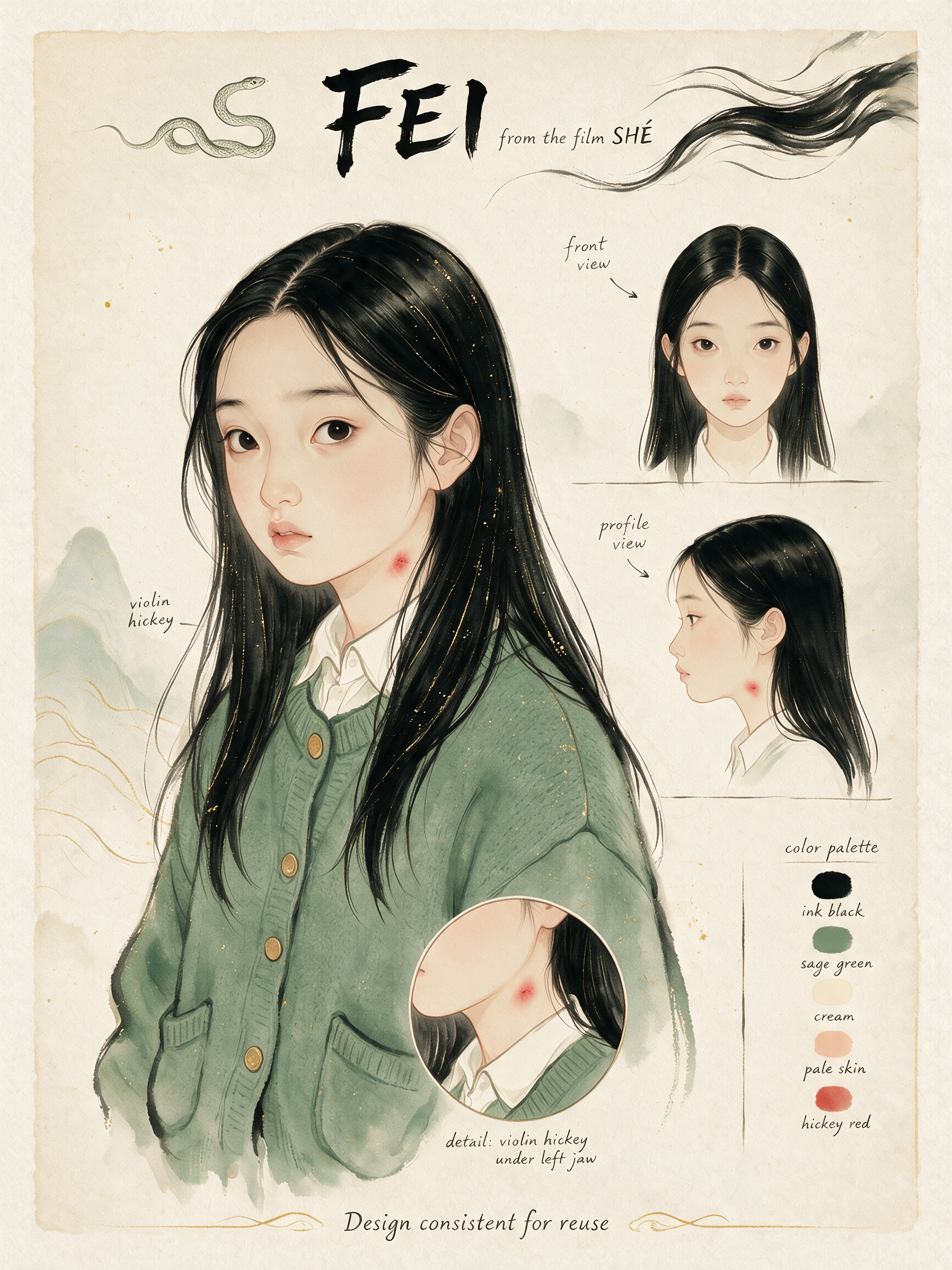 [Character design reference sheet for Fei from film SHE, featuring illustrated young woman, view sketches, and color palet...