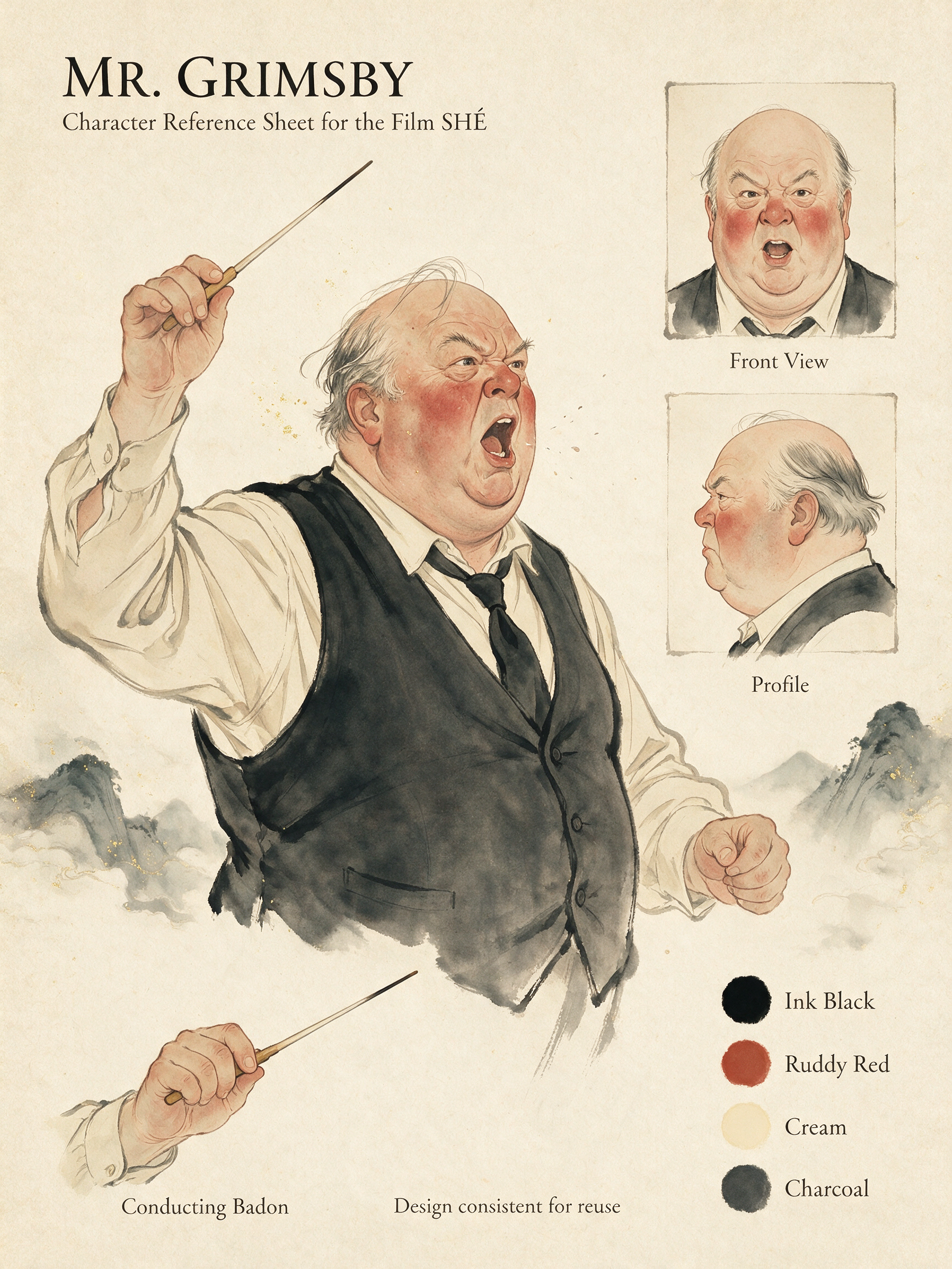 Watercolor character reference sheet for Mr. Grimsby, an angry older conductor, with view turnarounds and color swatches f...