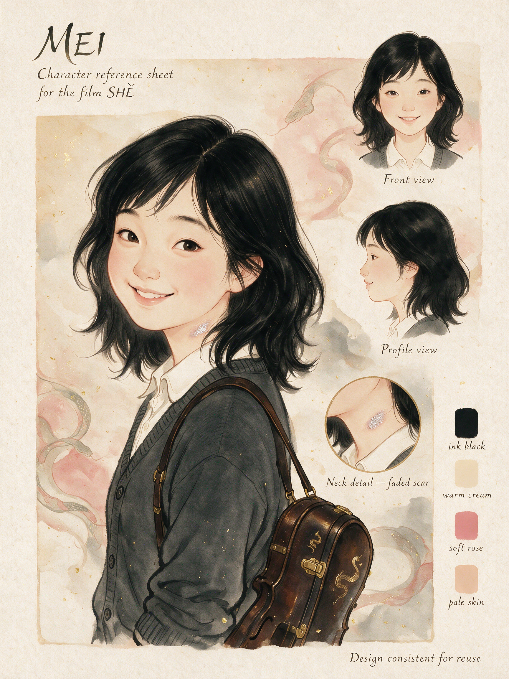 Watercolor character reference sheet for Mei, showing multi-view turnaround, scar detail, and color palette for animated f...