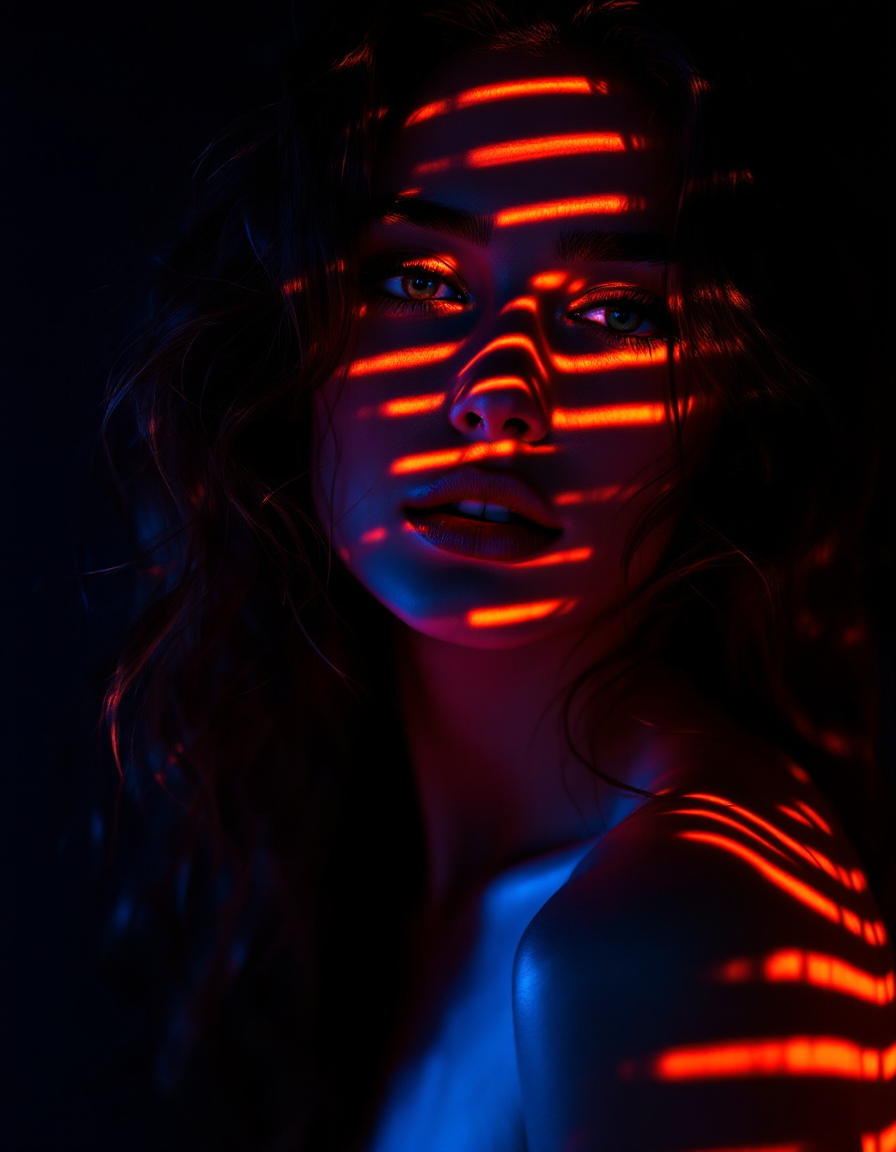 [Close-up portrait of a woman with horizontal glowing red light stripes across her face, lit by cool blue accent lighting ...