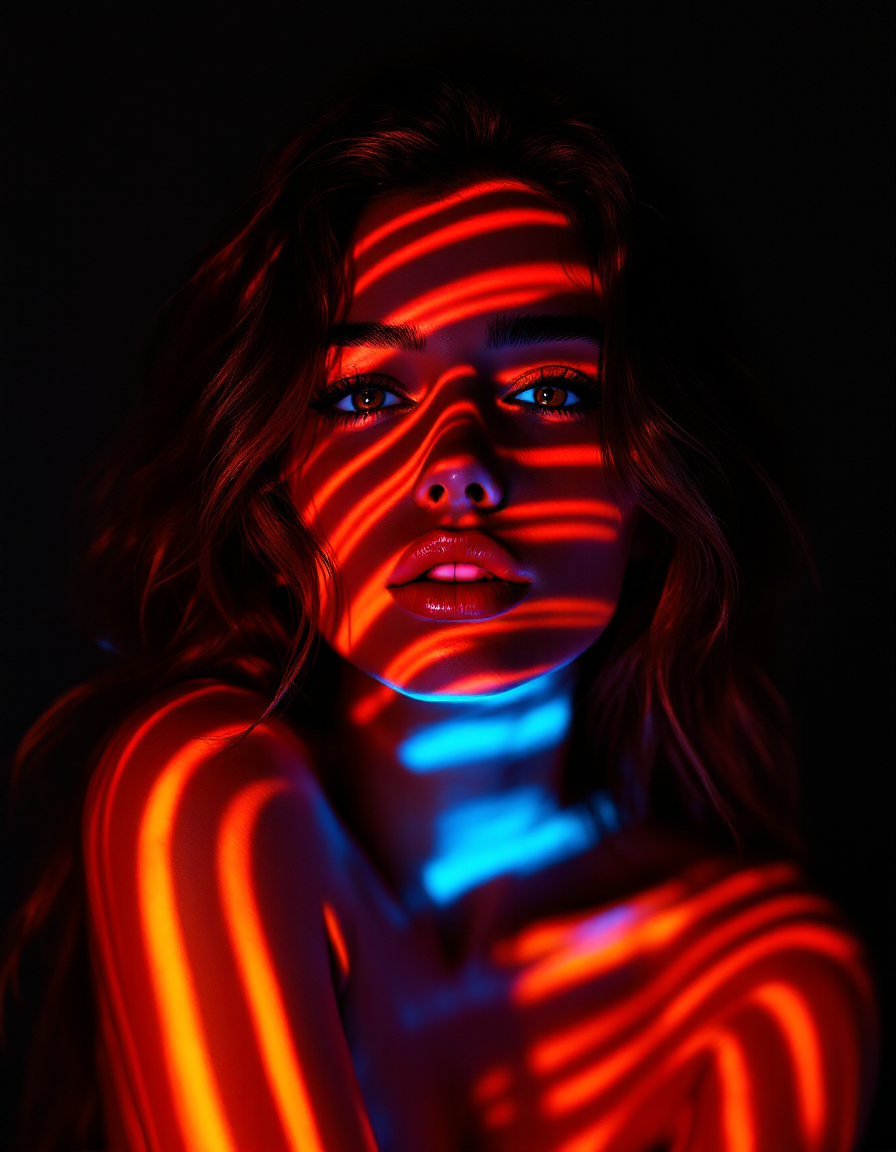 Close-up portrait of a woman with glowing red and blue neon light stripes across her skin against a solid black background.
