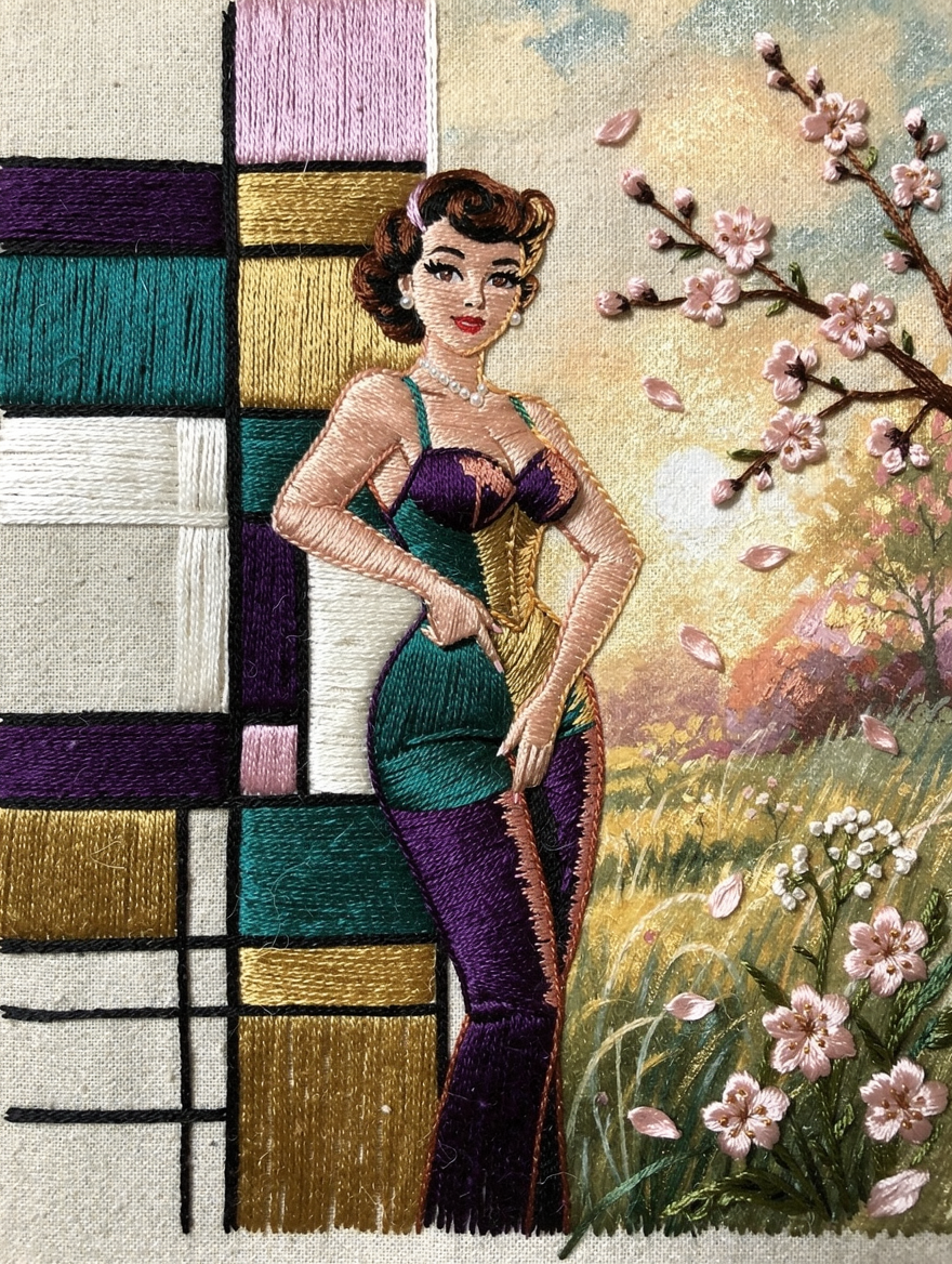 Hand stitched embroidery of a retro 1950s pin-up woman between geometric grid panels and spring cherry blossom scenery.
