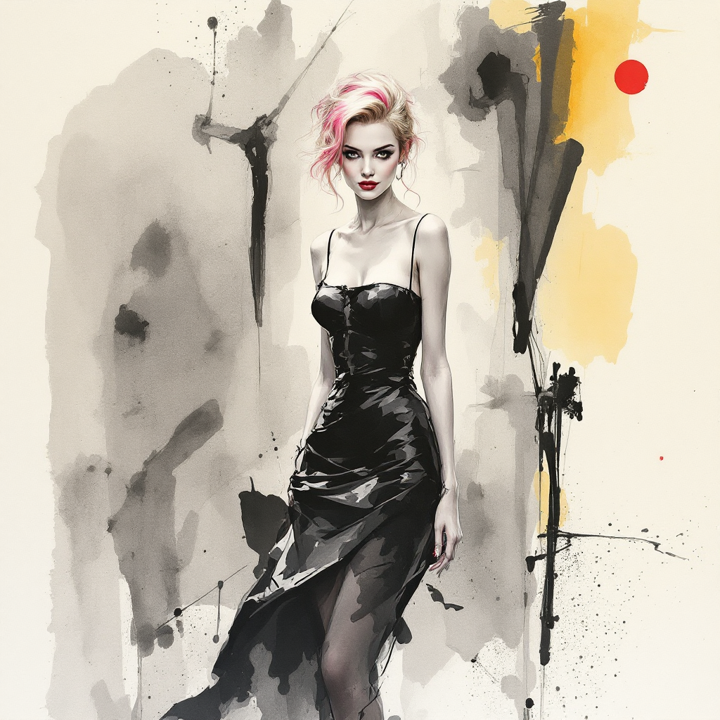 Stylized ink fashion portrait of a woman with pink streaked blonde hair wearing a black slip evening gown, abstract painte...