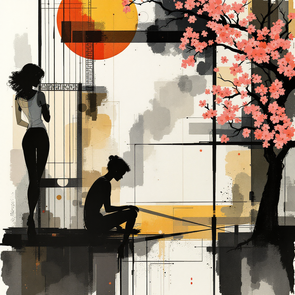 [Abstract geometric silhouette art of two women, pink cherry blossom tree, and warm orange sun against a muted painterly b...