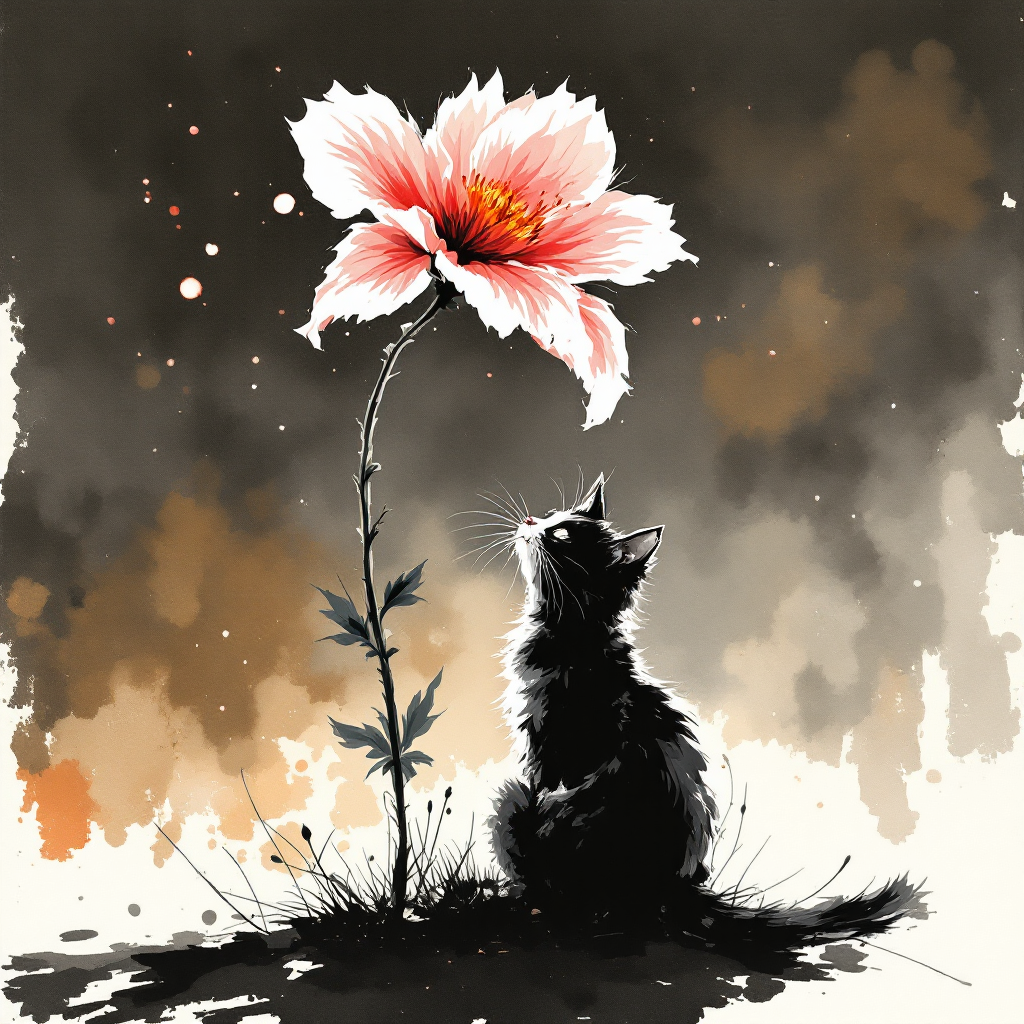 [Watercolor illustration of a fluffy black and white cat gazing up at a large pink wildflower against a moody splattered b...